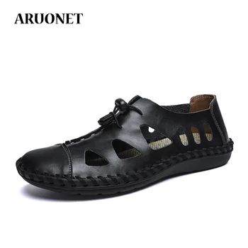 

ARUONET Genuine Leather Breathable Outdoor Men Sandals Casual Shoes Men Beach Flat Big Size Zapatos De Hombre Drop Shipping