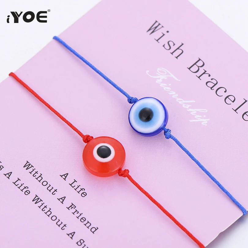 

IYOE 2 Pcs/set Round Circle Evil Eye Women Bracelets For Kids Colorful Beads Red Thread Bracelets For Couple Friendship Jewelry