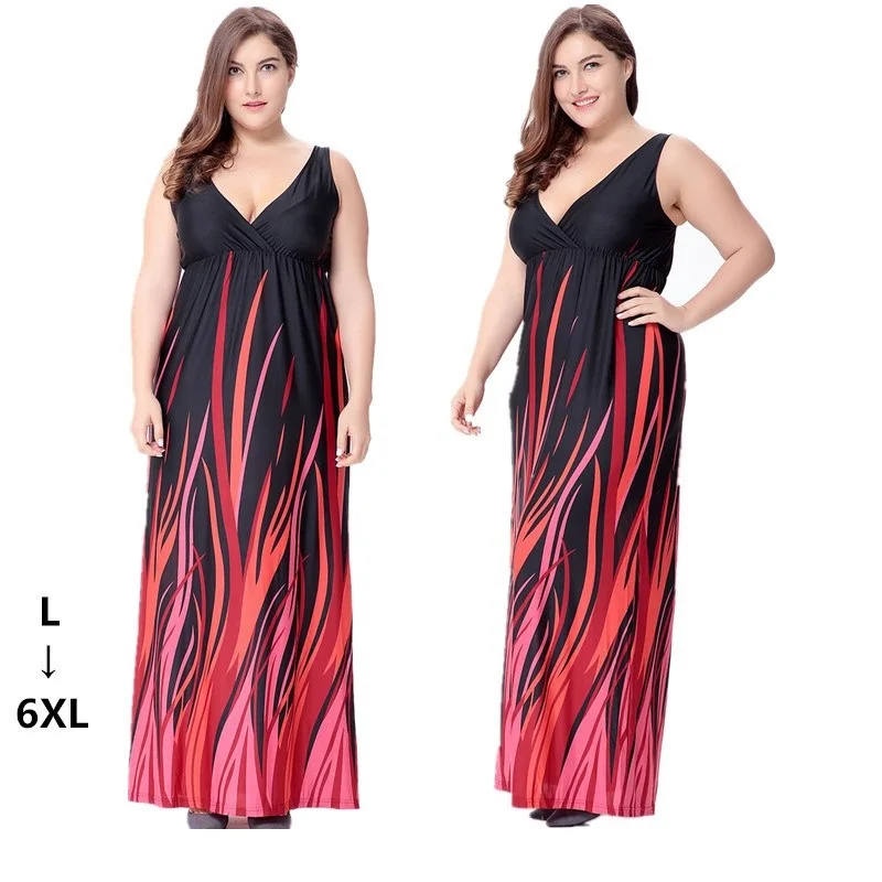 

2019 Sexy V-Neck Backless Floral Print Ice silk Casual Loose Beach Sundress Large Size 4XL 5XL 6XL Women Summer Maxi Dress