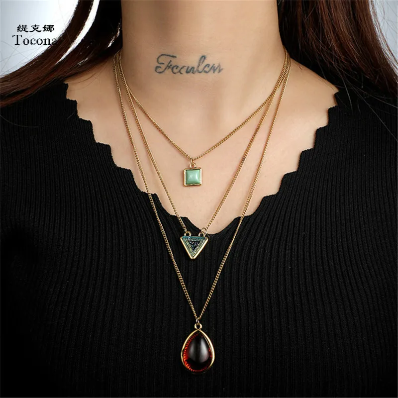 

Tocona Bohemian Red Blue Opal Stone Pendant Necklaces Multi Layer Gold Alloy Chokers Necklace Collar for Women Jewelry 6924