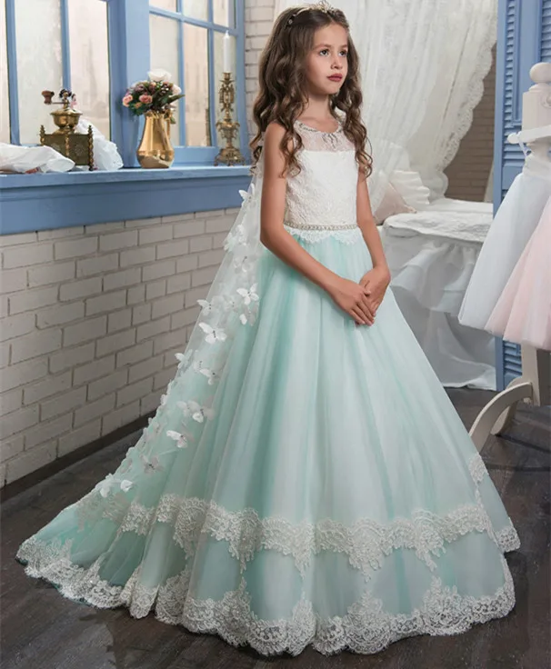 

Ball Gown Flower Girl Dress for Wedding Butterfly Lace Up Bow Sash Sleeveless Vestidos Longo Custom Made First Communion Gown