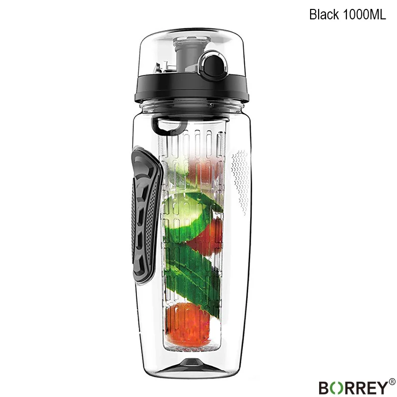 BORREY 1000 мл Тритан бутылки воды Фрукты настаивая Infuser лимонный сок бутылка для воды Портативный Спортивная бутылка для воды Пластик Bpa бесплатно - Цвет: Black