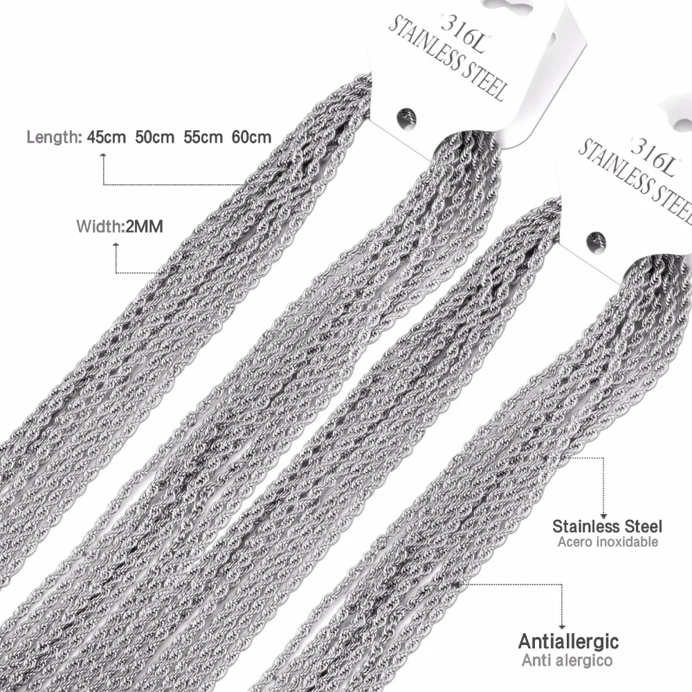 Luxukissids 2 мм/3 мм/4 мм/5 мм Высокое качество 316L нержавеющая сталь твист Сингапур цепи ожерелья веревочные ожерелья золото/серебро цепи