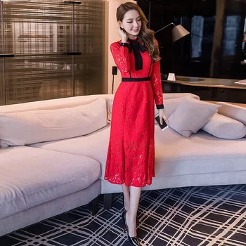 

2018 Spring ladies lace long dress pinched waist party dress longos vestidos plus size cultivating mermaid dress de festa S-4XL