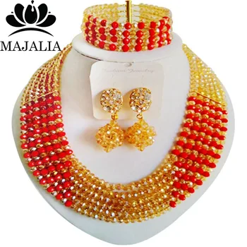

Majalia Fashion Gold champagne and Opaque red Nigerian Wedding African Jewelry Set Crystal Necklace Bride Jewelry Sets 6CF017