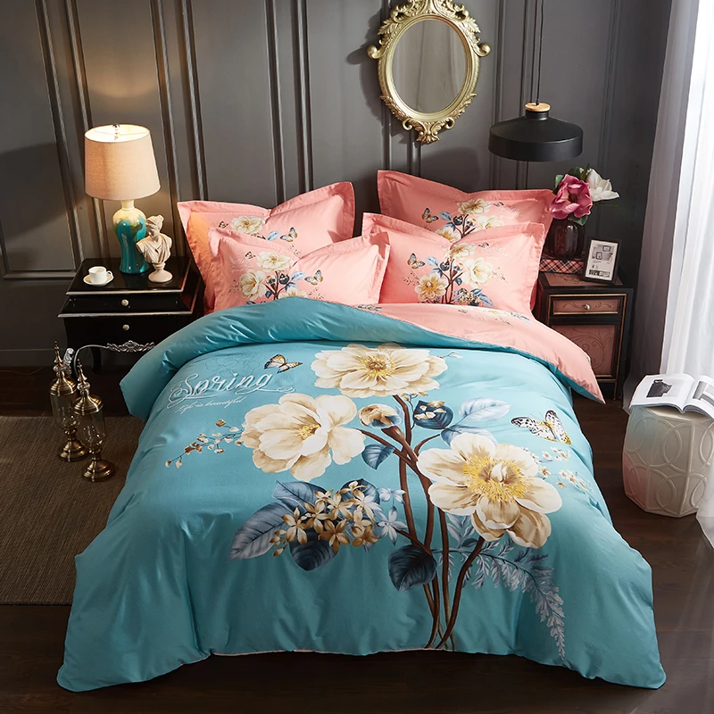 Floral Watercolor Painting Bedding Set 4pcs Queen King Size Cotton
