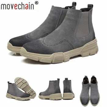 

movechain Men's Suede Leather Slip-On Martin Ankle Boots Winter Man Chelsea Boot Mens Casual Outdoor Vintage Carved Brogue Shoes