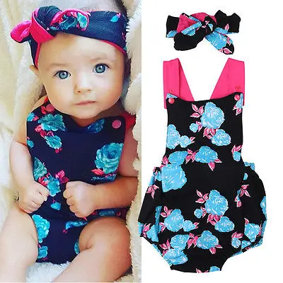 

2PCS Set Newborn Baby Girls Blue Rose Romper Jumpsuit+Headhand Outfits Sunsuit Summer Baby Girls Clothes