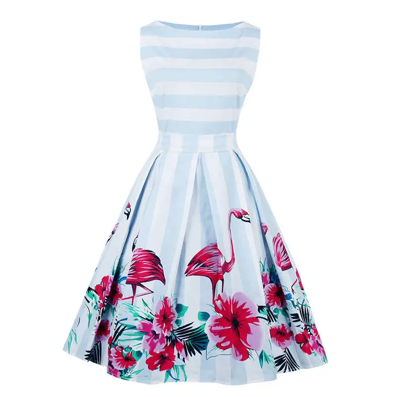 

2018 Ladies Flamingo Print Summer Dress Women Sleeveless Hepburn 50s 60s Vintage Dress Striped Tunic Party Dresses Plus Size Hot
