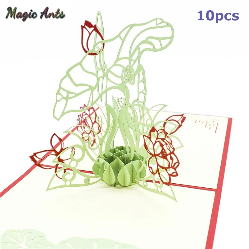 

10 pack wholesale Lotus 3D Pop UP Card Birthday Gift with envelope sticker Flower laser cut invitation Greeting Card postcard
