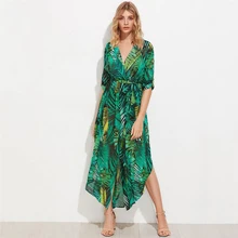 2017 Autumn Dress Sexy Deep V Neck Long Sleeve Women Beach Boho Dress Leaf Print Split