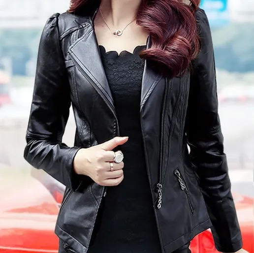 

Faux Leather Womens Slim Fit Jackets Coats Plus Size 4XL 5XL Ladies Pu Leather Jackets With Oblique Zipper Black Red Pink Grey