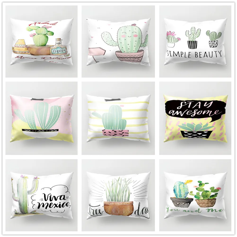 

Fresh Cactus and Letters Cushion Cover 30x50cm Polyester Decorative Pillowcase Tropical Plants for Living Room Sofa Home Decor