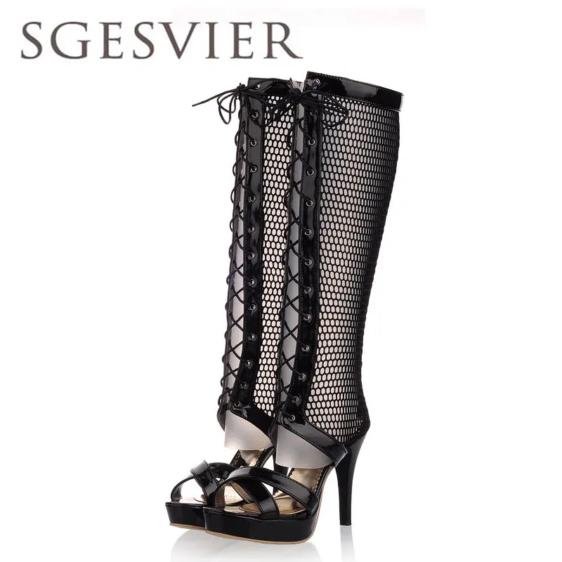 

SGESVIER sandal boots high quality PU upper Gladiator high heel Sandals Summer new lace-up opening fashion platform shoes GBH208