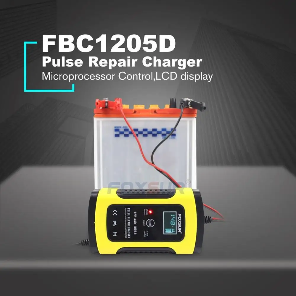 

FOXSUR 12V Full Automatic Car Battery Charger LCD Display Motorcycle Pulse Repair Battery Intelligent Fast Power Charging