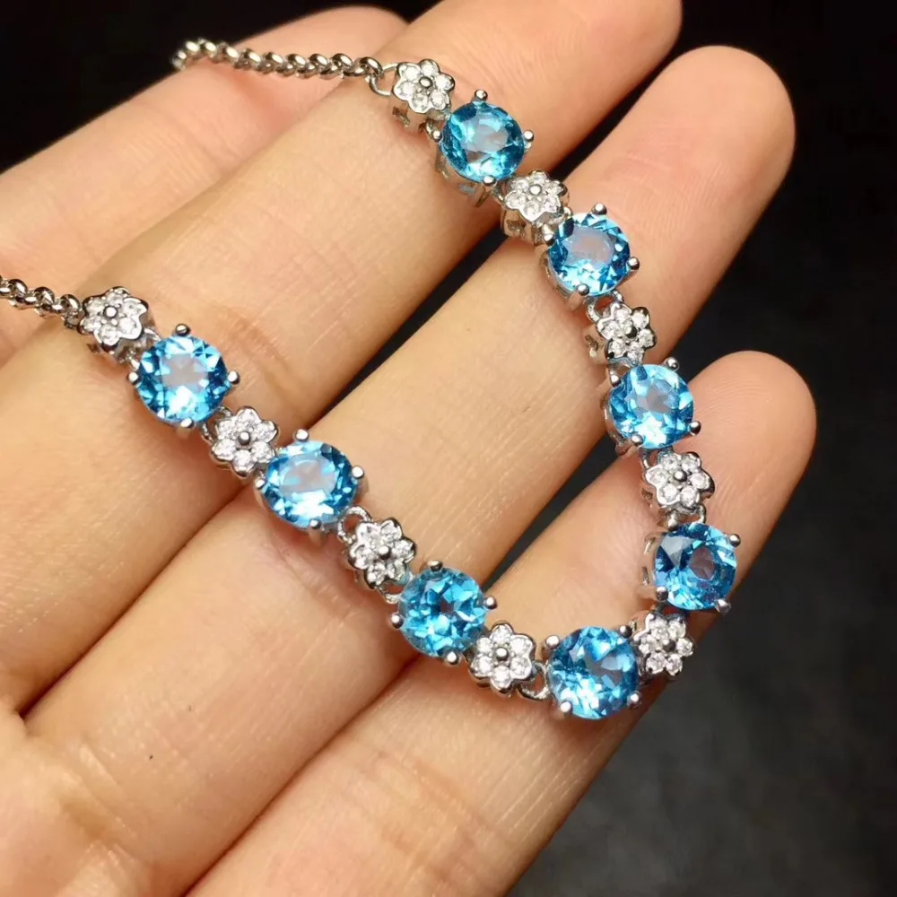 Bracelet en topaze bleue naturelle Bracelet en pierres précieuses naturelles S925 bracelet en argen