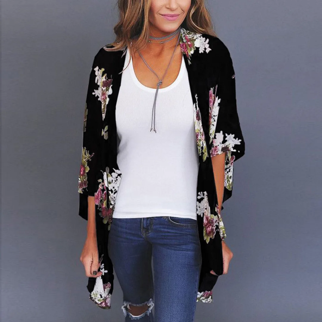 Women Boho Floral Loose Blouse Open Stitch Tops Shirt Floral Print Chiffon Cardigan Kimono Summer Beachwear Black Gray Blusas