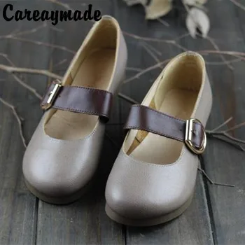 

Careaymade-The First layer of cow leather spell color round head flat shoes documentary Spring buckle retro art leisure shoes