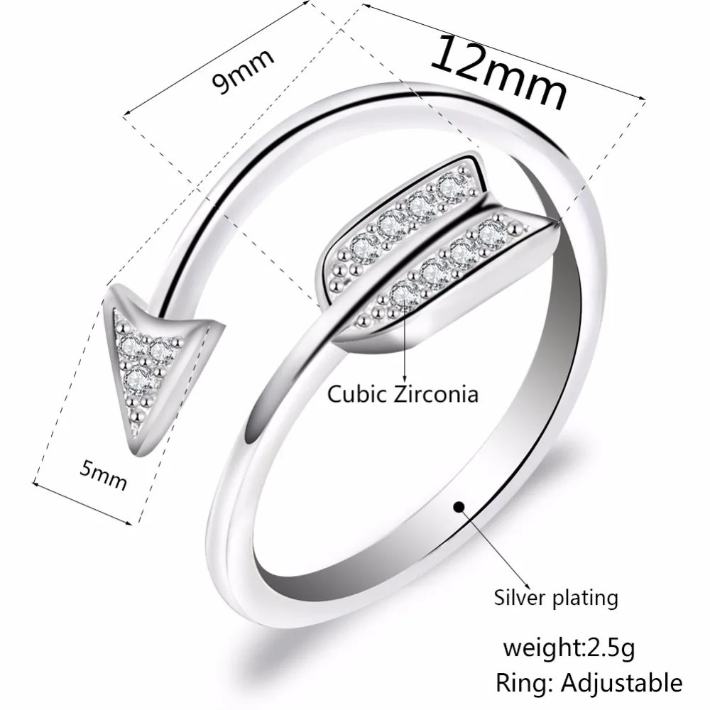 Новое поступление, модные кольца с серебряным покрытием, с кристаллами в виде стрелы, цирконием, для женщин, для девочек, регулируемое обручальное кольцо, подарки влюбленным