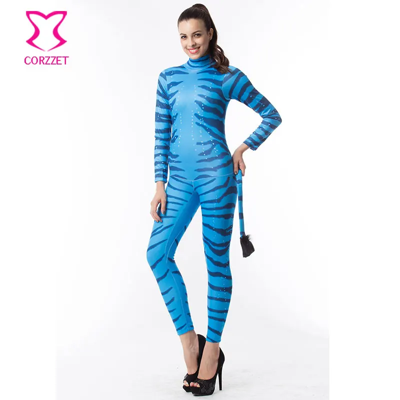 

7XL Adult Long Sleeve Blue Zebra Catsuit with Tail Animal Costume Cosplay Sexy Halloween Costumes For Women Plus Size Jumpsuit