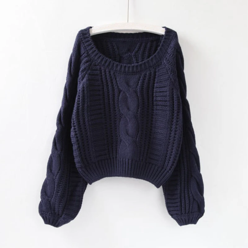 Short Sweater Female Autumn Winter Pullover Loose Jumper Puff Sleeve Korean Clothing For Girls Autumn Women Causal Sweater - Цвет: Тёмно-синий