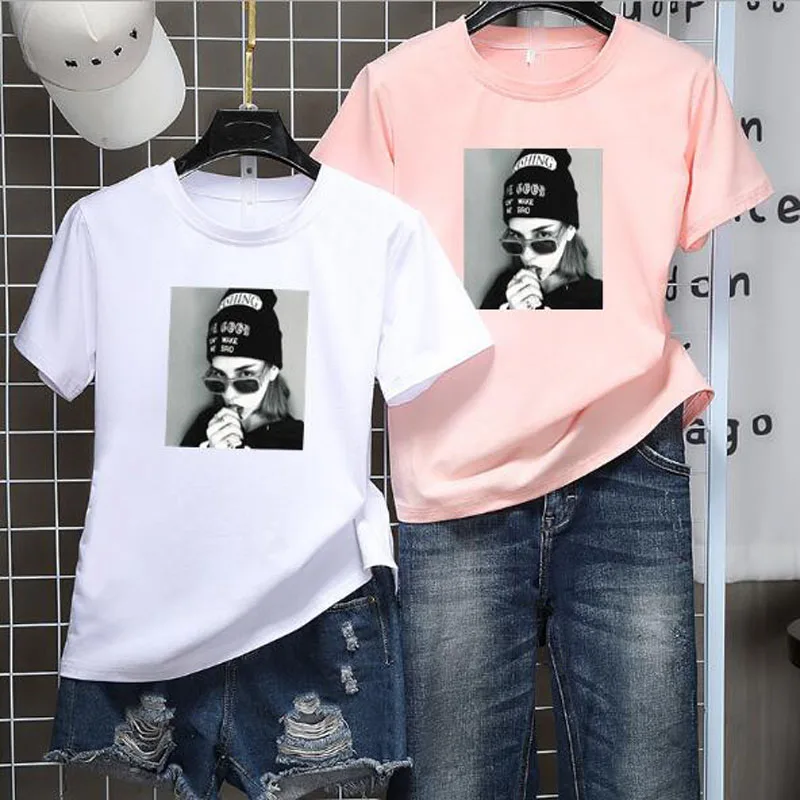 

European American Style Woman T shirts Spring Summer Short Sleeve Round Neck Women Tops Slim Fit T-shirt Femme
