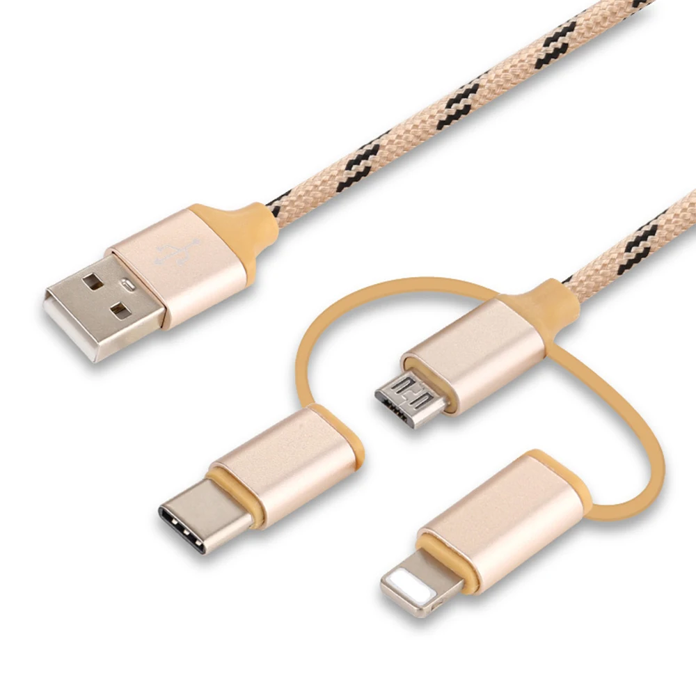 Golden Удлинительный usb-кабель 1 м 3-в-1 Портативный нейлоновое трикотажное стабильную передачу данных Зарядка через Usb линия передачи данных кабель мини-usb 3,0 кабель - Цвет: Golden