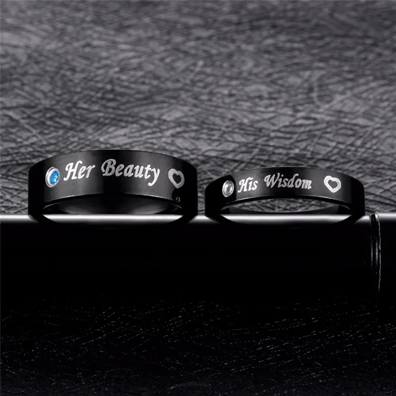 Modyle Her beauty and His wisdom Black CZ Wedding Rings Lover's Cubic Zirconia Stainless Steel Romantic Ring Jewelry