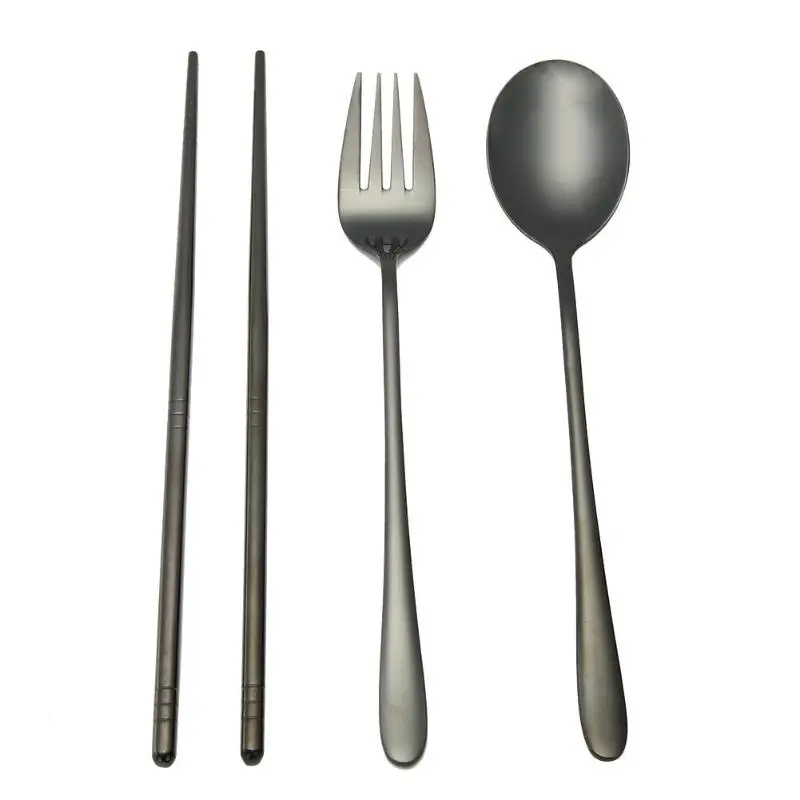 4 шт портативный набор посуды из нержавеющей стали, палочки для еды, ложка, вилка, посуда для пикника, подарки, наборы посуды для пикника - Цвет: Черный