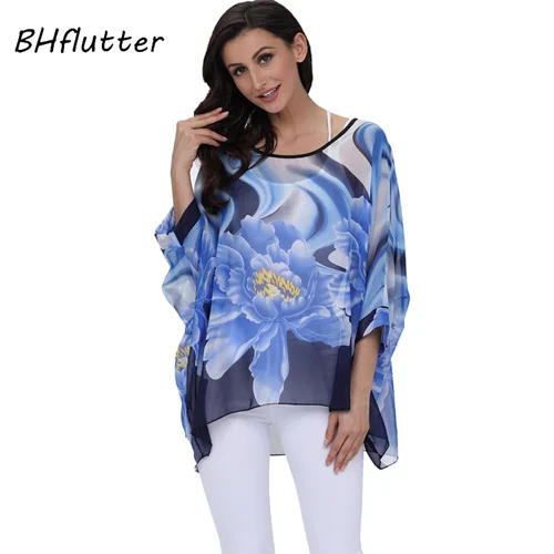 BHflutter 4XL 5XL 6XL размера плюс женская одежда новая шифоновая блузка рубашка рукав летучая мышь летний с буквенным принтом топы блузки - Цвет: picture color