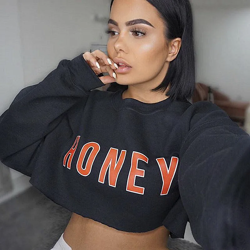  2017 Chic Sexy Fashion lady Casual Print Honey Long Sleeve Baggy Hoodie Streetwear Crop Top