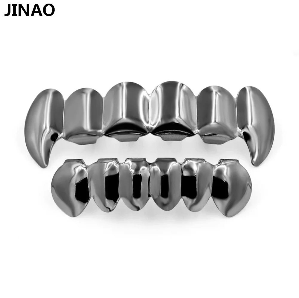 JINAO Настоящее блестящее чистое золото посеребренные хип-хоп ЗУБЫ Grillz Top& Bottom Groll набор с силиконовыми вампирскими зубами грили