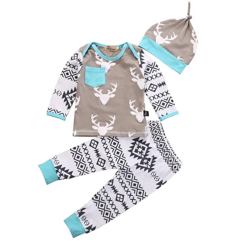 Pudcoco/Одежда для маленьких мальчиков и девочек, детская одежда для сна, рождественские топы с оленем, футболка+ штаны, шапка, комплект из 3 предметов, одежда для сна - Цвет: Серый