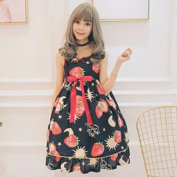 

2019 Real Rushed Strawberry Angel Lolita Princess Dress Sweet Lady Braces Skirt Of Tall Waist With Shoulder-straps Jsk Bow