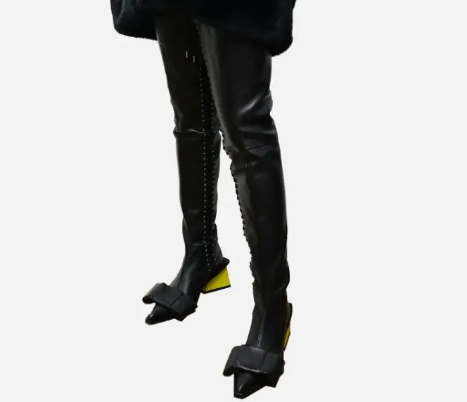 

New Winter Woman Solid Black Blue Leather/Jeans Pointed Toe Bow Ties Strange Heels 70 mm Lace Up Over The Knee Thigh Long Boots