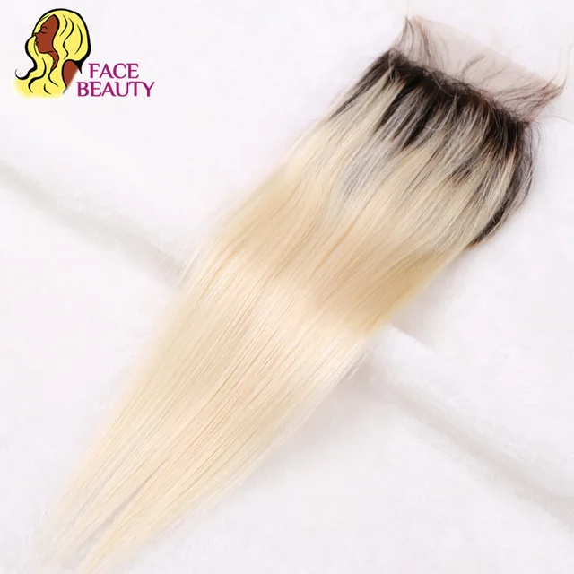 Us 37 54 28 Off Facebeauty 1b 613 Ombre Blonde Lace Closure Dark Roots Peruvian Straight Remy Human Hair Closure Bleached Knot With Baby Hair In