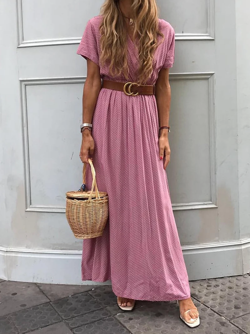 

Bohemian Long Dress Women Dot Printing Short Sleeve V-neck Vestidos Female Casual Women Spring Summer Vacation Dress