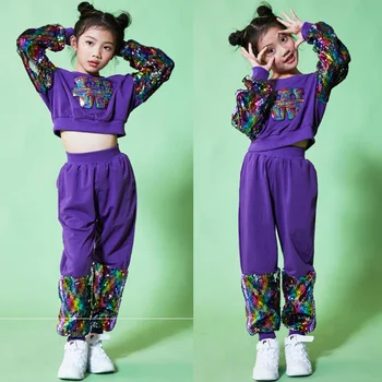 

Girls Sequined Jazz Modern Dancing Costumes Clothing Kids Children's Hip Hop Stage Dance wear Costumes Set Top+Pants Outfits