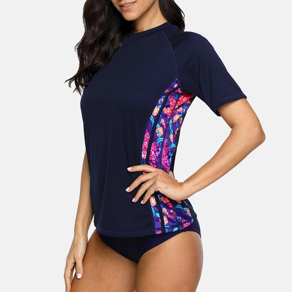 Anfilia Ladies Short Sleeve Rashguard Women Quick-drying Shirt Floral Print Rash Guard TUPF 50+ Surfing Top Running Biking Shirt