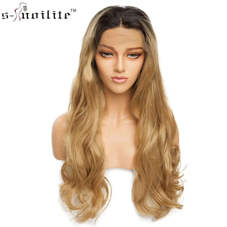 

SNOILITE 24inch Synthetic Lace Front Wig Long wavy gold pink purple wig Heat Resistant Hair party cosplay wig for women