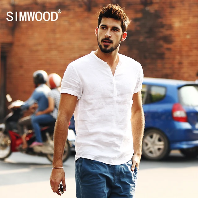 Simwood 2018 New Arrival Summer Short-sleeved Shirts Men 100% Linen White Solid Color Slim Fit Plus Size Collarless Tops CS1534