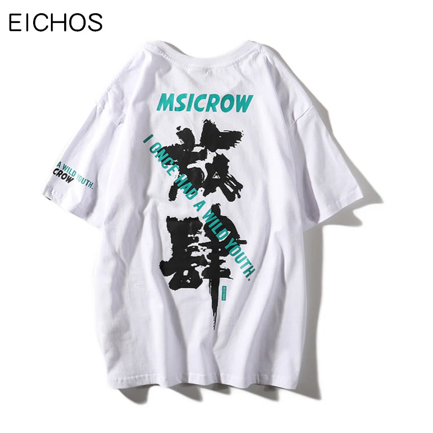 

EICHOS Chinese Characters Printed Streetwear Mens T Shirts 2019 Men Women Hip Hop Short Sleeve Tshirts Male Cotton Tops Tees