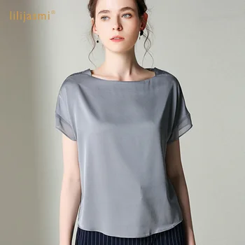 

Luxury Silk Women's Slash Neck Real Silk T-shirt Double Georgette Silk Short Sleeve Thin Tshirt High-end Fabric Summer Tees