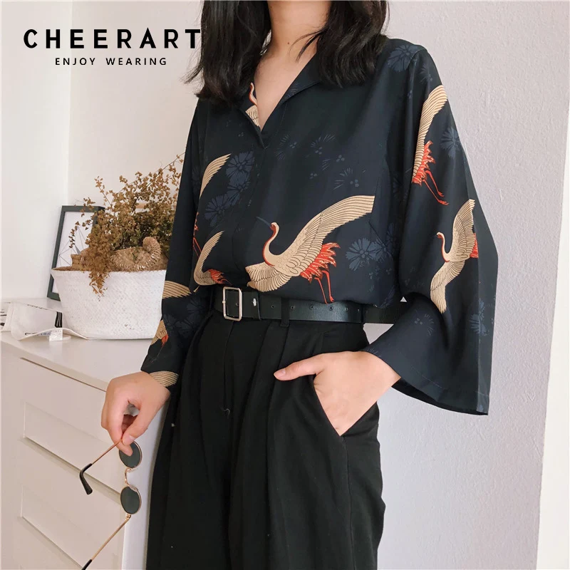 Cheerart, осень, винтажная японская блузка, женская, v-образный вырез, Свободный Топ, Femme Crane, принт, черная, осенняя блузка, одежда