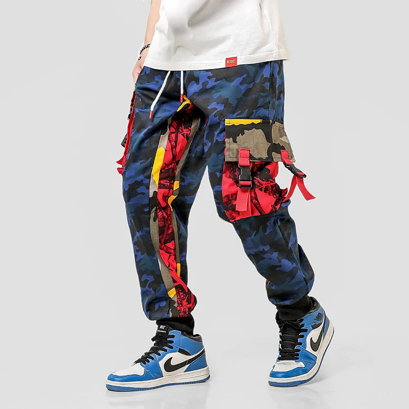 

2019 Camo Big Pocket Cargo Pants Men Ankle Splice Joggers Cargo Hip Hop Pants Khaki Button Chinese Harajuku Harem Trousers Male