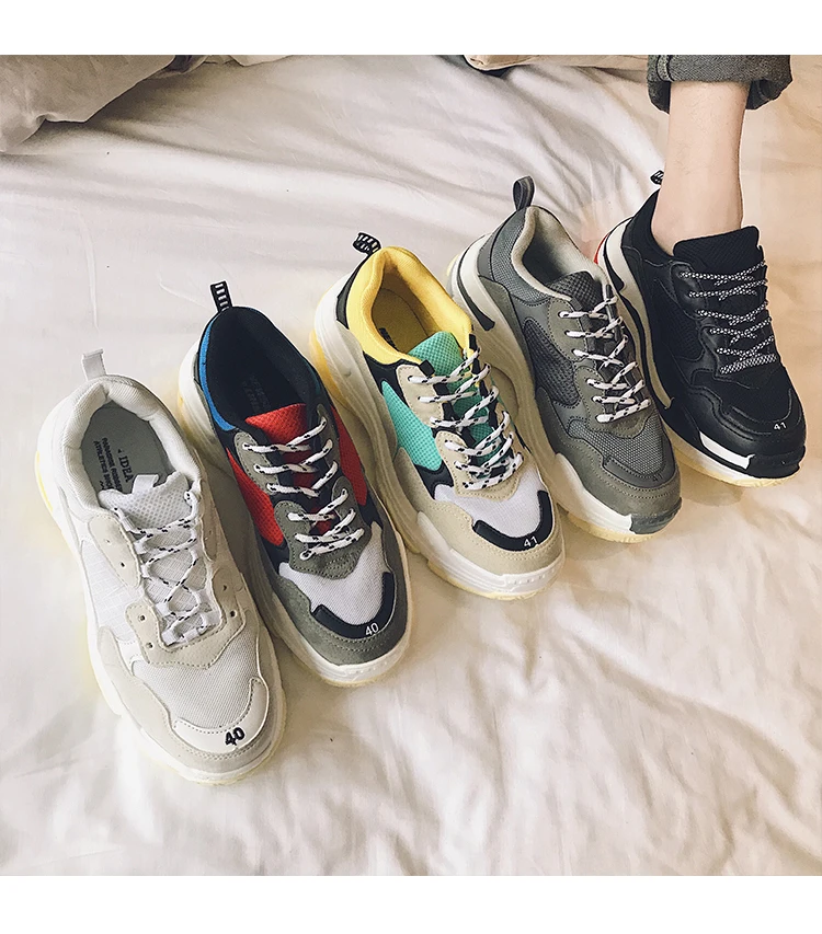 Harajuku/Модные женские кроссовки на массивном каблуке; разноцветная обувь для подиума с v-образной подошвой; обувь для отдыха с круглым носком; обувь для папы из сетчатого материала в стиле пэчворк