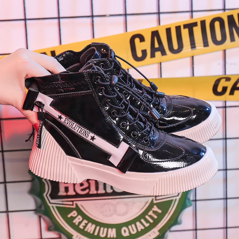 

White Shoe Women Fashion Brand Retro Platform Shoes Lady Autumn footwear Black Patent Leather Sneaker chaussure Soft Cross-band