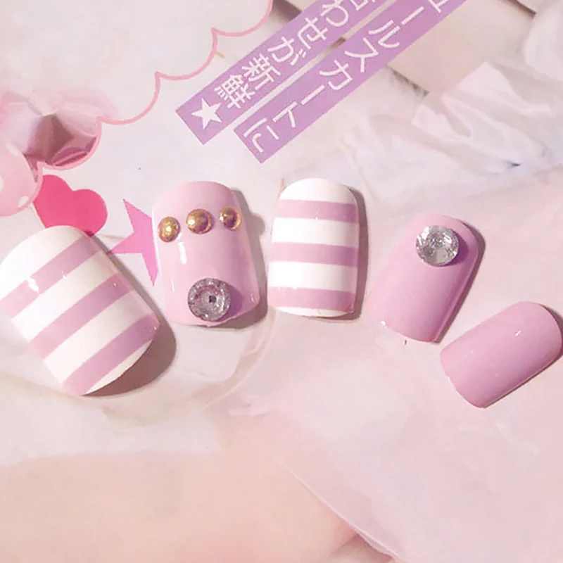 المرأة الكورية نمط أنيق وهمية الأظافر الفتيات الأرجواني مخطط الطباعة الأظافر 3D الساطع حجر الراين مسمار الفن نصائح مع الغراء