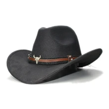 Ретро винтажная Женская Мужская шерстяная шляпа с широкими полями ковбойская котелок фетровая Кепка голова быка оголовая тесьма(57 см/регулировка