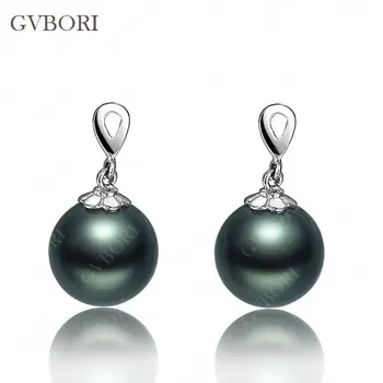 

Classic Design GVBORI 9-10mm 18K White Gold Tahitian Black Pearl Earrings Women Wedding Jewelry Round Fine Jewelry Free Shipping